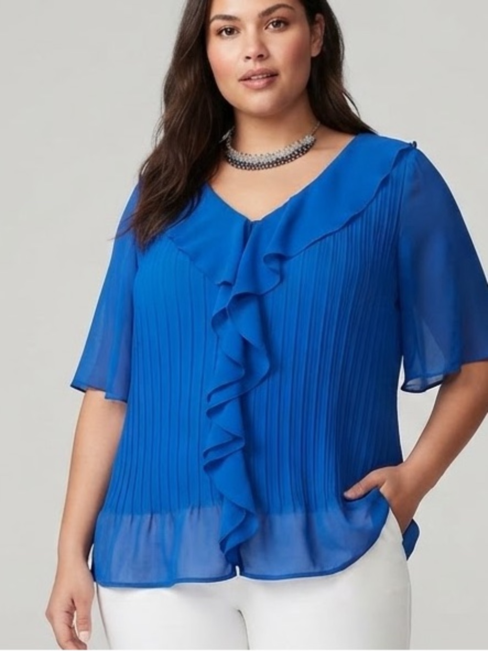 GEORGE Royal Blue Pleated Ruffle Trim Blouse 3X